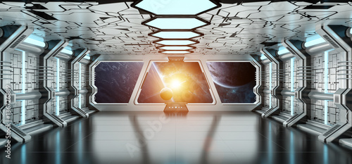 Fototapeta Naklejka Na Ścianę i Meble -  Spaceship interior with view on distant planets system 3D render
