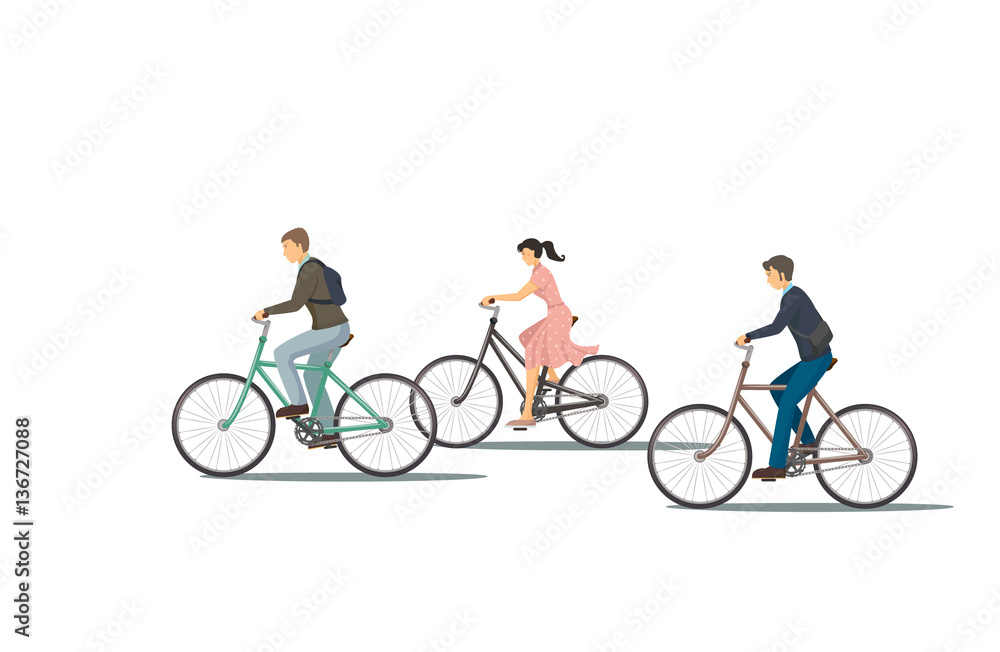 Naklejka premium The icon of cyclist. The woman is riding the bike. The man is riding the bike. Group of people is biking. Person rides bike. The elements of transport infrastructure. The concept of active life.