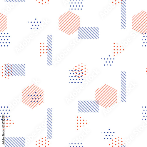 Memphis style vector seamless pattern with geometric shapes. Blue red striped triangles and circles fine print background.