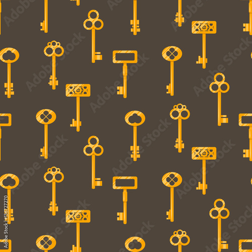 Gold keys seamless vector pattern on brown. Vintage cartoon key background. © YoPixArt