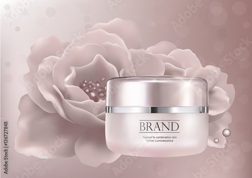 Vector promo ads sample with creme jar and flower 3d illustration