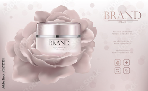 Vector promo ads sample with creme jar and flower 3d illustration