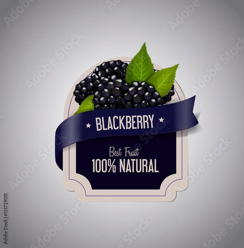 Berry Label with ripe blackberry with green leaves. Blackberry j