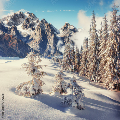 Mysterious winter landscape majestic mountainsin photo