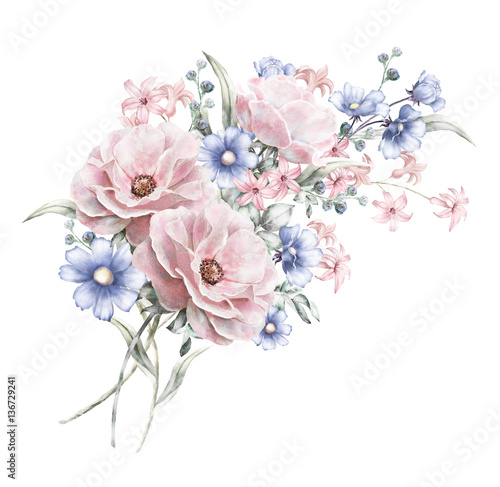 watercolor flowers. floral illustration in Pastel colors  rose. bunch of pink, blue flowers isolated on white background. herbs, Leaf. Cute composition for wedding or greeting card. romantic bouquet
