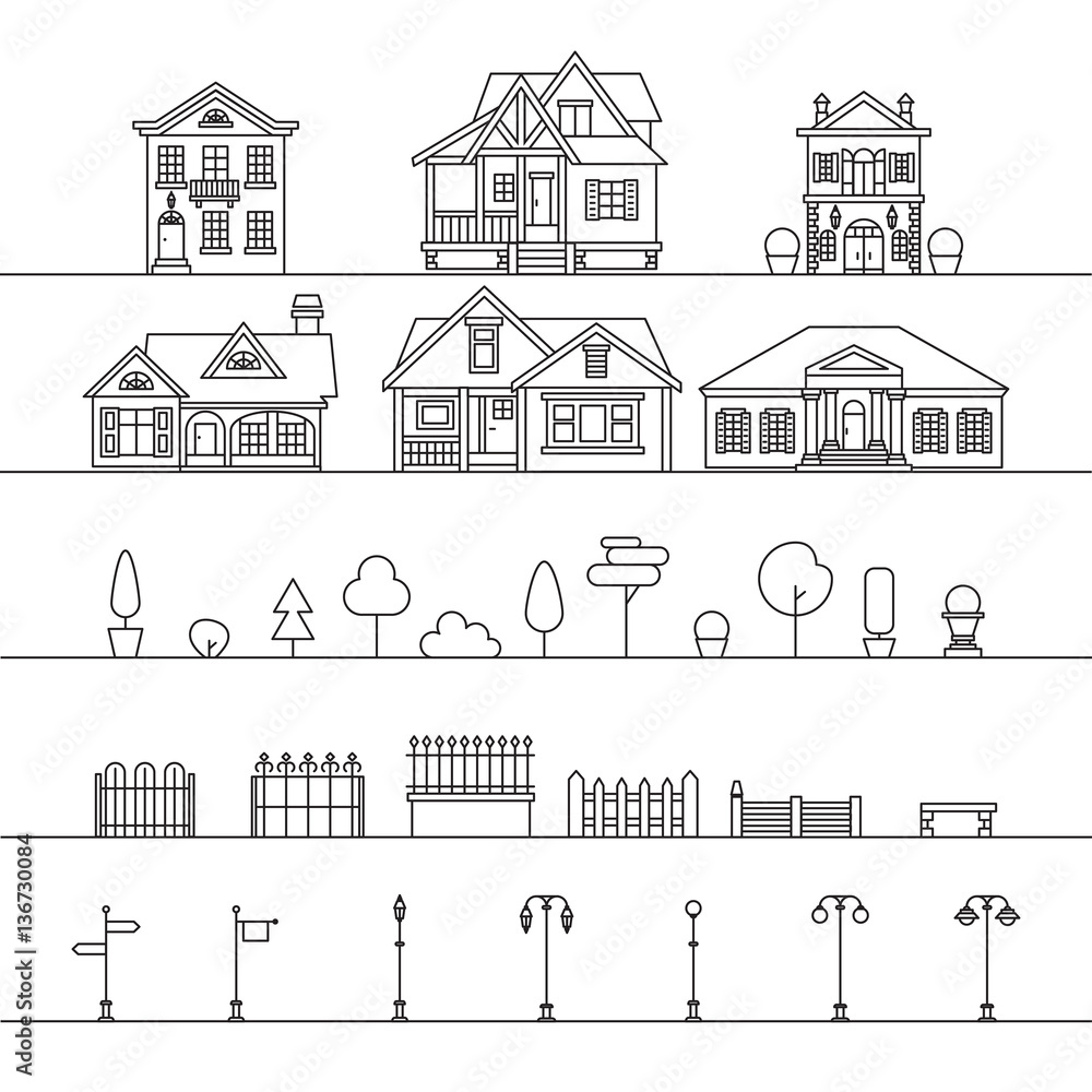 Vector outdoor elements: houses, fences, trees, street signs and lamps. Street elements isolated on white.