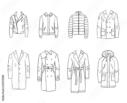 Hand drawn vector clothing set. 8 models of trendy men’s coats and jackets isolated on white.