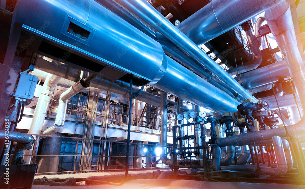 Industrial zone, Steel pipelines and cables in blue tones Industrial zone, Steel pipelines and cables in blue tones