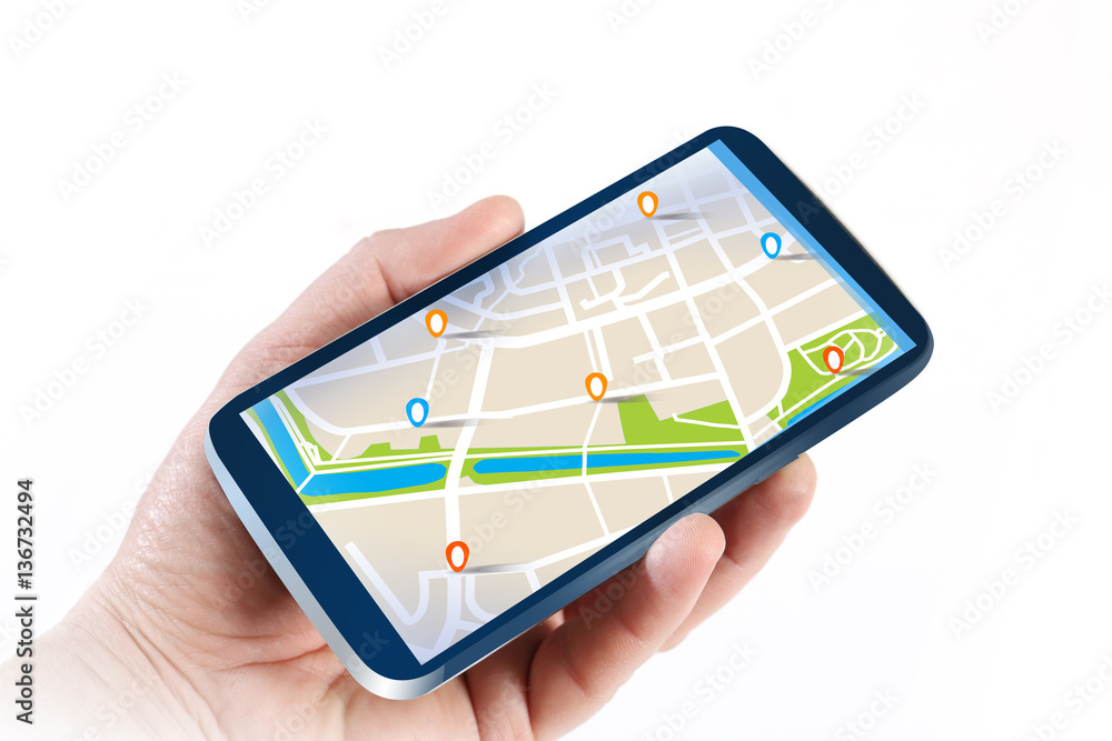 Mobilna nawigacja GPS na tablecie w ręce - obrazy, fototapety, plakaty 
