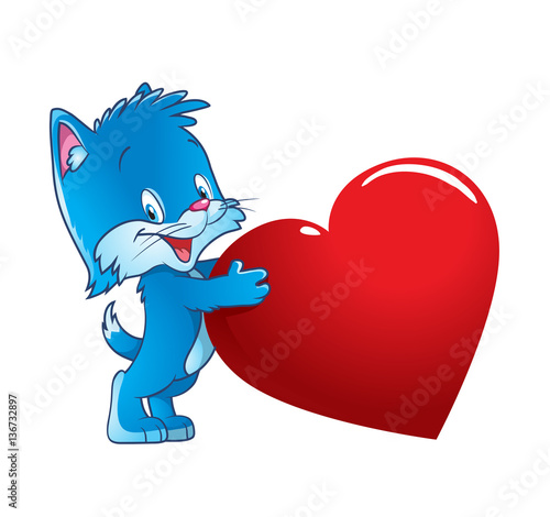 Cute little cat holding a huge red heart. Isolated. Cartoon vector illustration for greeting, birthday and wedding cards and Valentine's Day