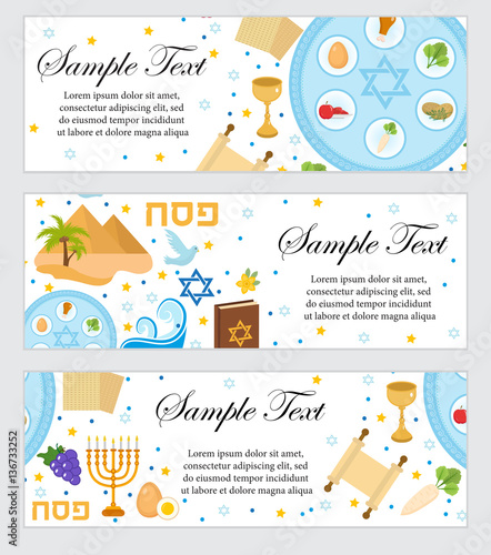 Happy Passover. Jewish holiday banner template for your design. Horizontal Border set. Vector illustration