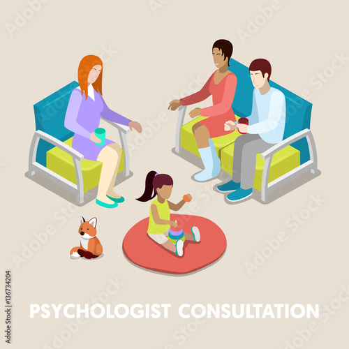 Isometric Psychologist Consultation. Family on Psychotherapy. Vector 3d flat illustration