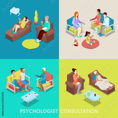 Isometric Psychologist Consultation. People on Psychotherapy. Vector 3d flat illustration