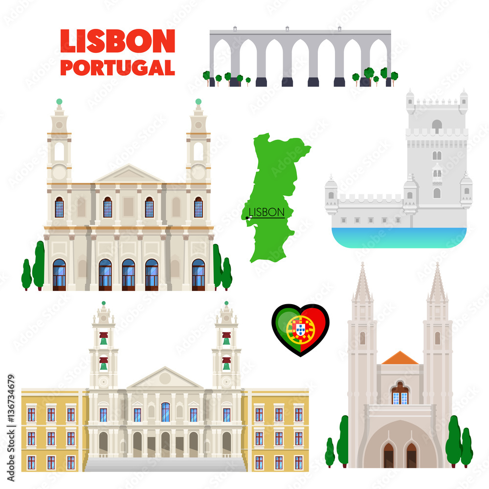 Portugal Lisbon Travel Set with Architecture and Flag. Vector doodle Portugal Lisbon Travel Set with Architecture and Flag. Vector doodle
