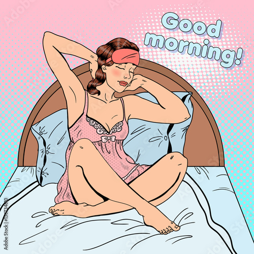 Pop Art Beautiful Woman Stratching Up after Wake Up in Bed. Vector illustration