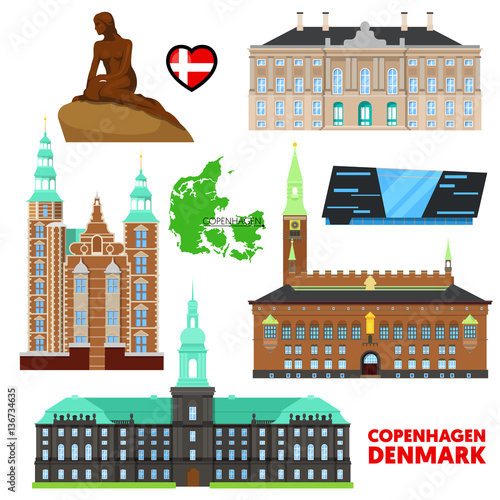 Denmark Copenhagen Travel Set with Architecture and Flag. Vector illustration
