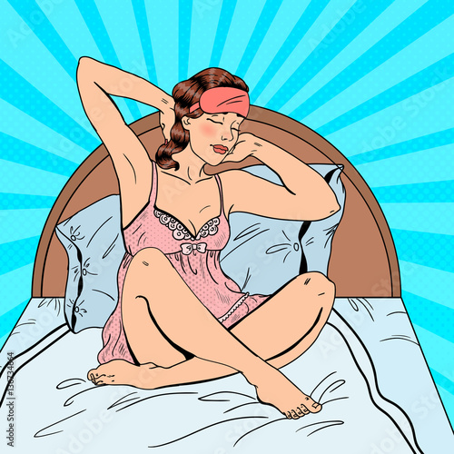 Pop Art Beautiful Woman Stratching Up after Wake Up in Bed. Vector illustration