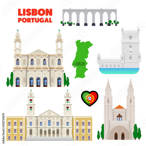 Portugal Lisbon Travel Set with Architecture and Flag. Vector doodle