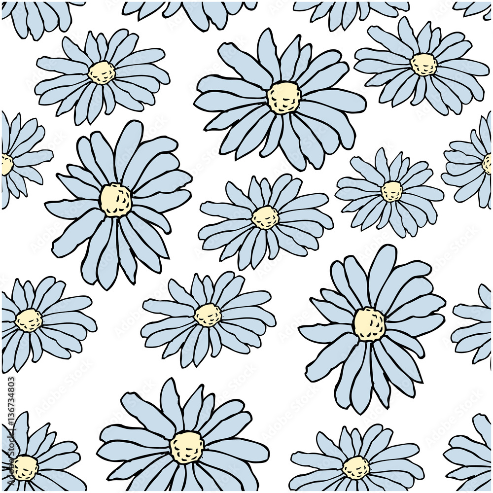 Beautiful blue daisy flowers on whote background. Seamless pattern