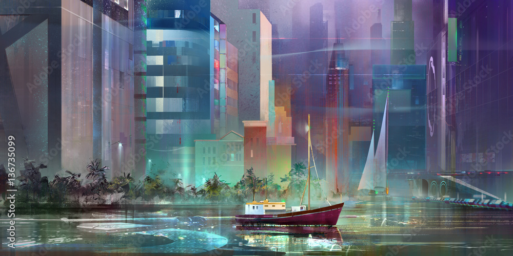 drawn fantasy landscape of the future city - obrazy, fototapety, plakaty 