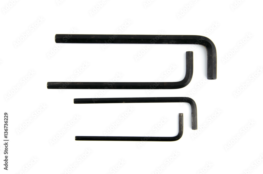Hex wrench isolated on white background. Black Allen wrench isolated. Hex wrench isolated on white background. Black Allen wrench isolated.