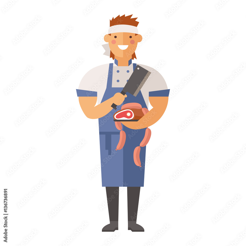 Butcher young chef decorating delicious character vector. Butcher young chef decorating delicious character vector.