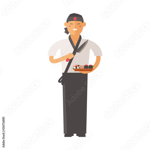 Sushi master young chef decorating delicious character vector.