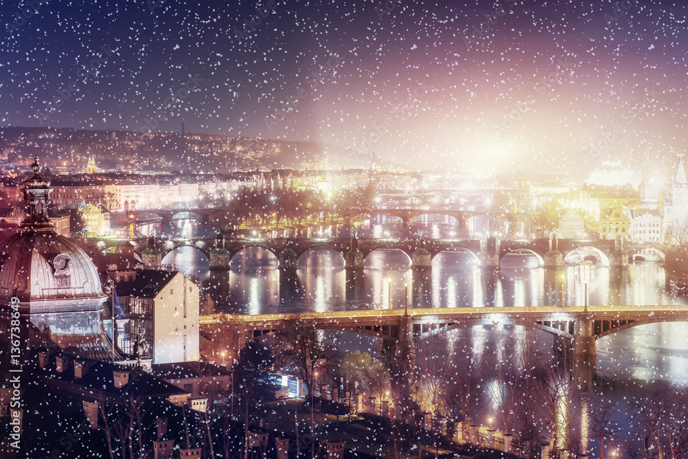 Evening View of The Vltava River and Bridges in Prague