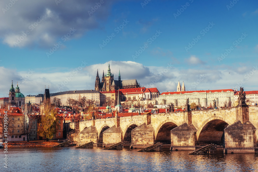 view of the Charles Bridge which crosses the River Vltava