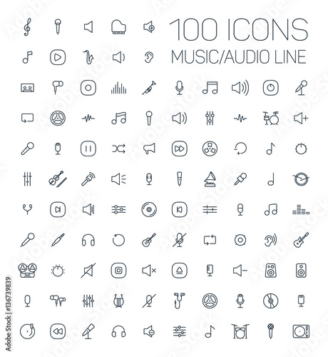 music, audio universal thin line 100 icons set on white background, sound, minimalistic, flat
