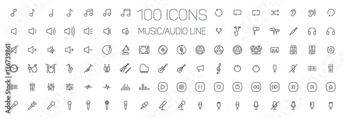 music, audio universal thin line 100 icons set on white background, sound, minimalistic, flat