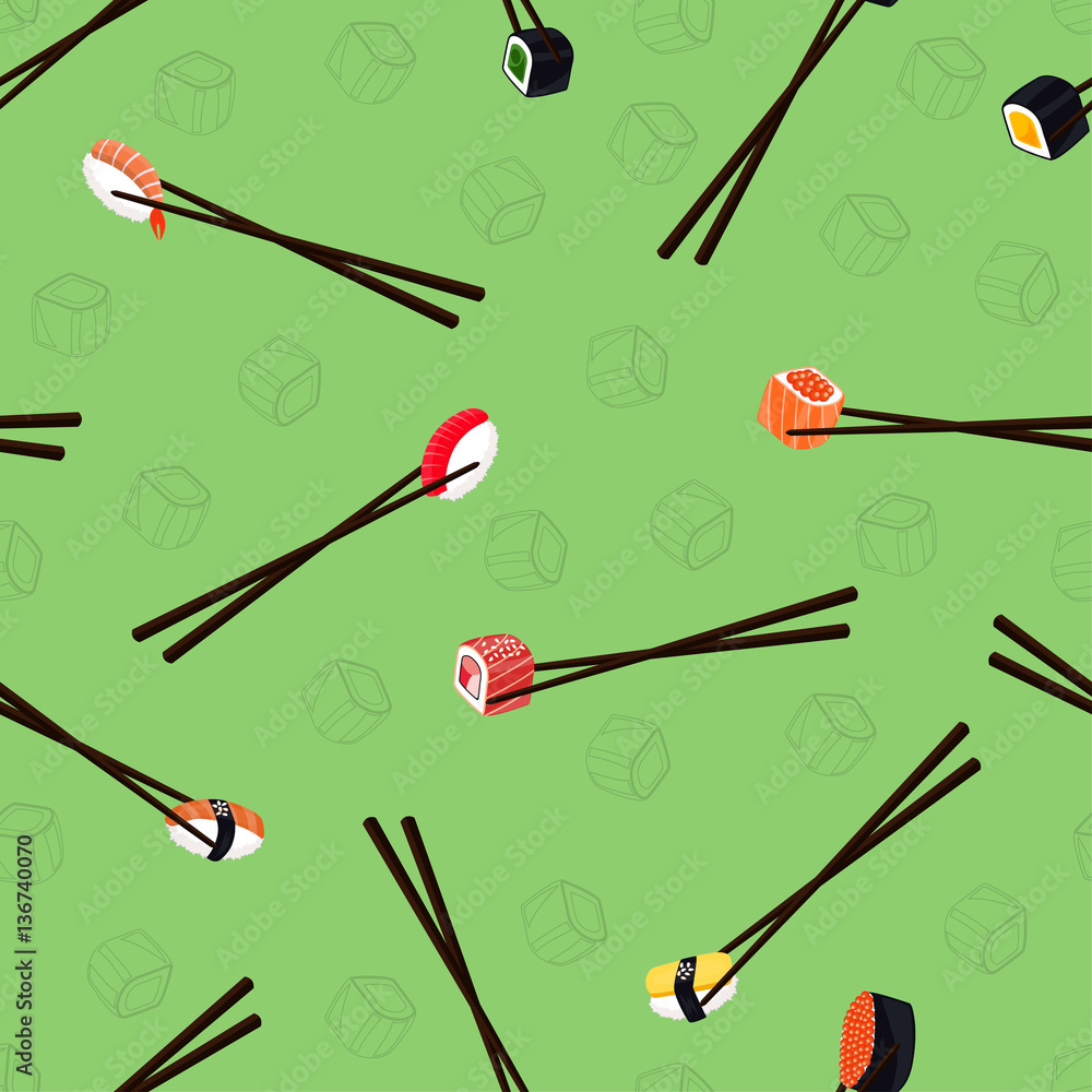 Seamless background of rolls and sushi with chopsticks. Seamless background of rolls and sushi with chopsticks.