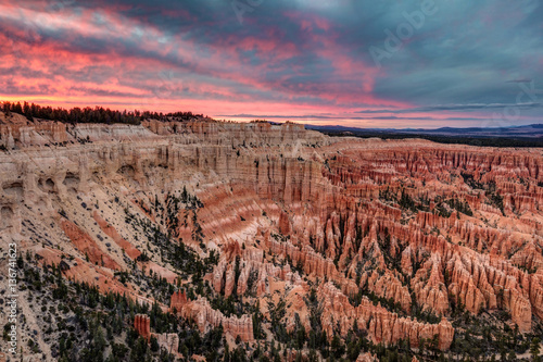 Sunset at Bryce Point. colors in the clouds and sky over the incredible landscape at the scenic Bryce point in Bryce Canyon National Park, Utah