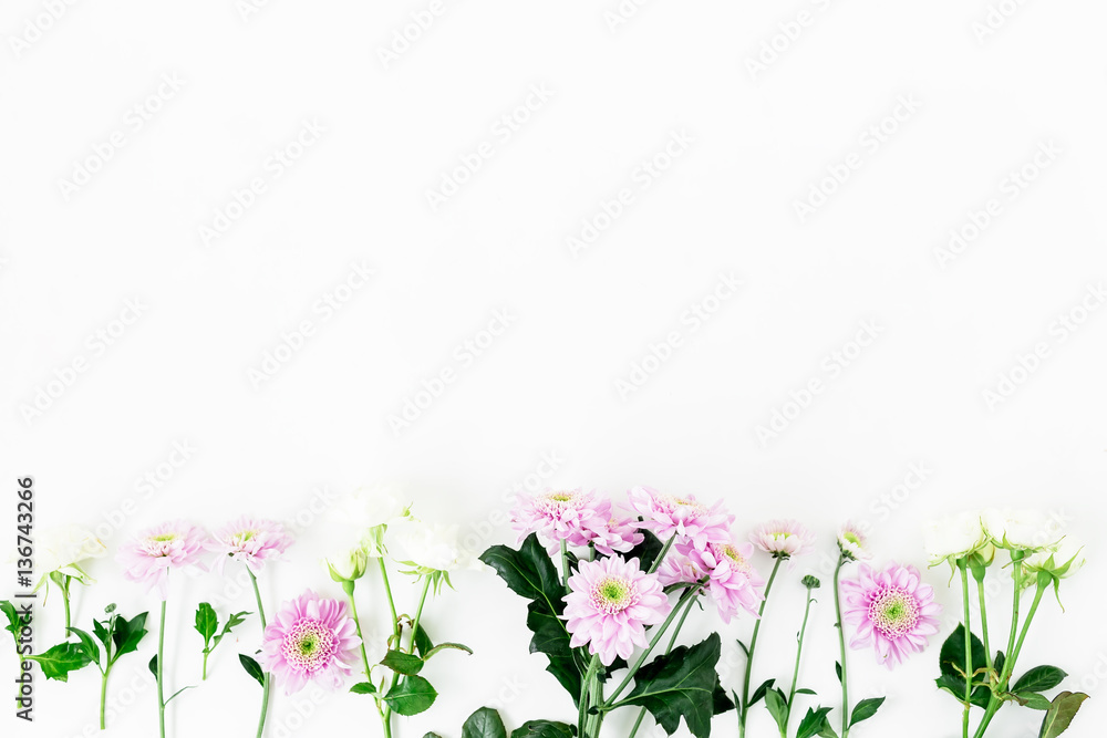 Floral pattern with pink flowers, green leaves, branches on white background. Flat lay, top view. Valentine's background