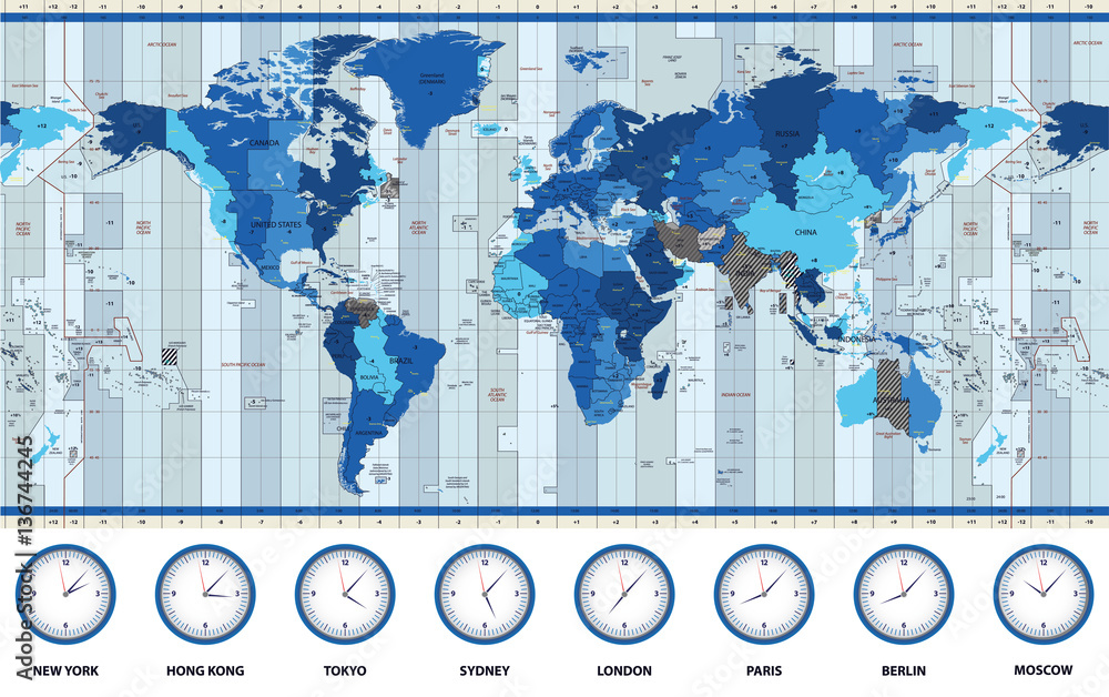 Map of the world standard time zones in blue colors Stock Vector | Adobe  Stock