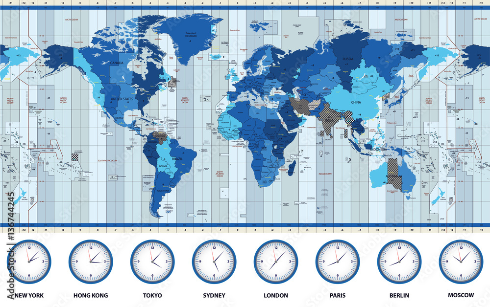 Map Of The World Standard Time Zones In Blue Colors Vector De Stock 