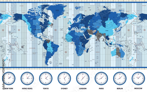 Map of the world standard time zones in blue colors