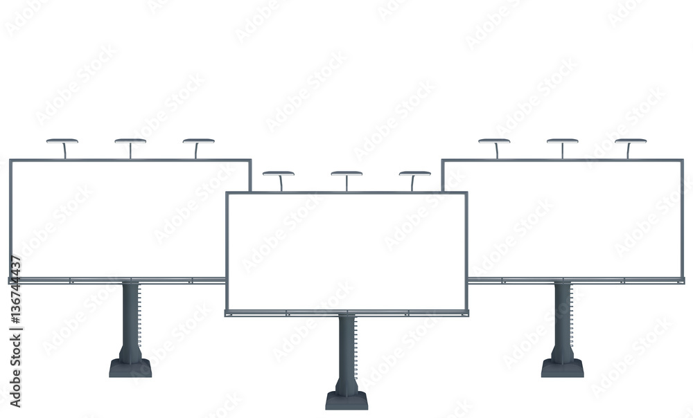 3D rendering of three blank billboards (empty advertisements) isolated on white background 3D rendering of three blank billboards (empty advertisements) isolated on white background