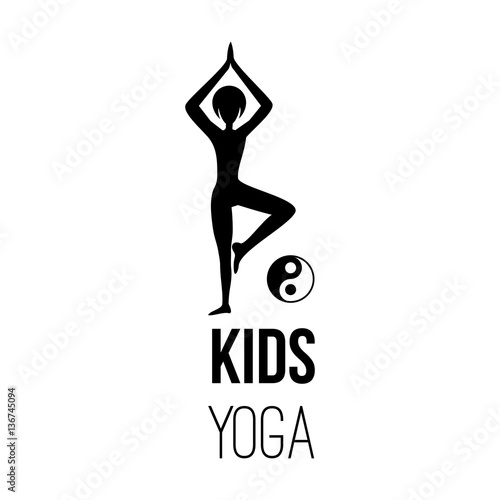 Sport club logo design template with kid silhouette in pose and om yoga sign, isolated element