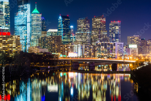 The Philadelphia skyline and Schuylkill River at night  in Phila
