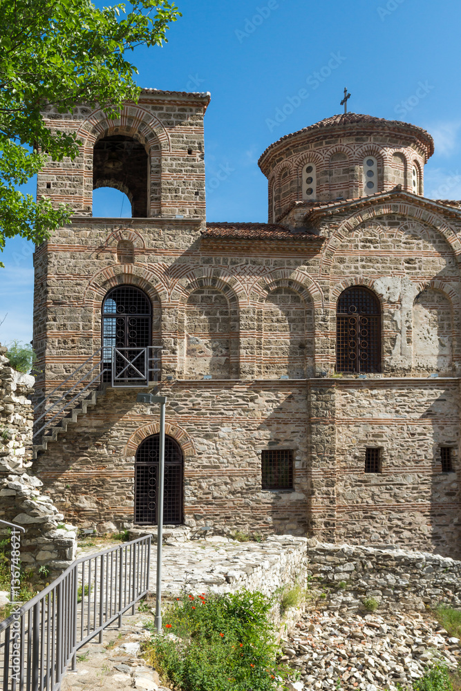 Panorama of Church of the Holy Mother of God in Asen's Fortress and Rhodopes mountain, Asenovgrad, Plovdiv Region, Bulgaria