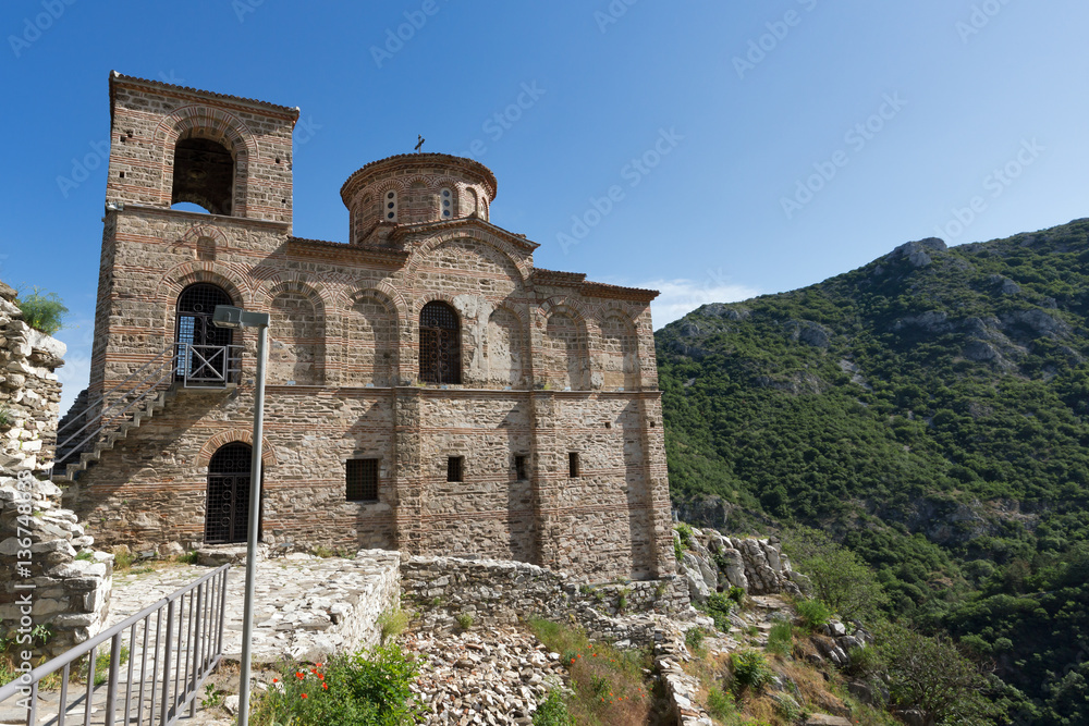 Panorama of Church of the Holy Mother of God in Asen's Fortress and Rhodopes mountain, Asenovgrad, Plovdiv Region, Bulgaria Panorama of Church of the Holy Mother of God in Asen's Fortress and Rhodopes mountain, Asenovgrad, Plovdiv Region, Bulgaria