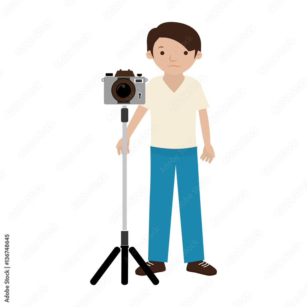 Man photographer with professional camera on tripod vector illustration