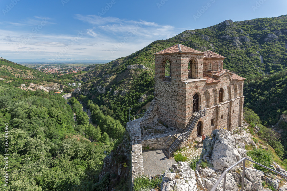 Panorama of Church of the Holy Mother of God in Asen's Fortress and Rhodopes mountain, Asenovgrad, Plovdiv Region, Bulgaria