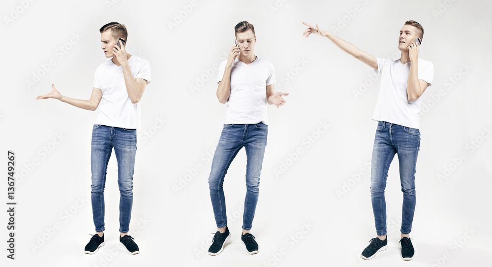 Fototapeta premium Full length portrait of handsome young business man in different poses isolated on white background, using mobile phone, wearing jeans and t-shirt