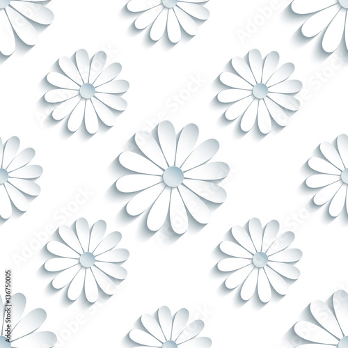 Modern seamless pattern with 3d white chamomiles
