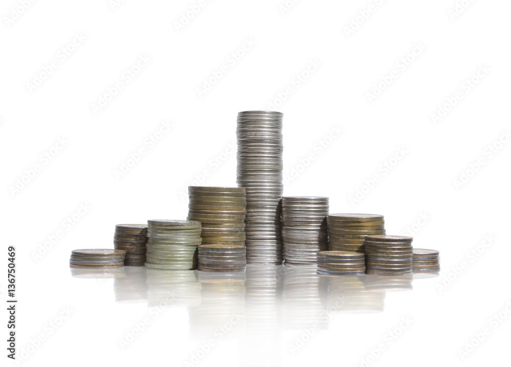 Large group of piles of different coins Large group of piles of different coins