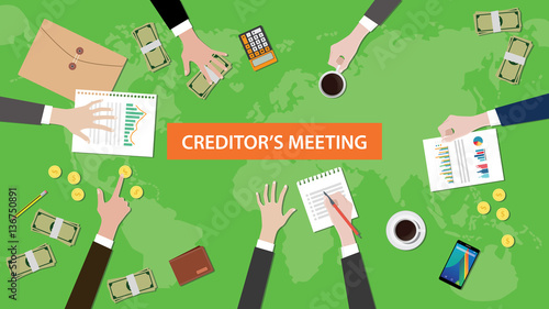 creditor meeting in one table illustration with paperworks and littered money on top of table