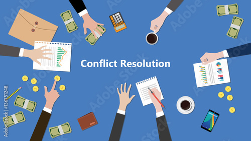 illustration of discussion about conflict resolution in a team work with paperworks on top of table