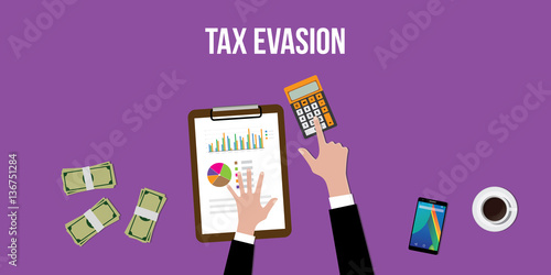 illustration of working to count tax evasion with calculator and paperworks on top of table